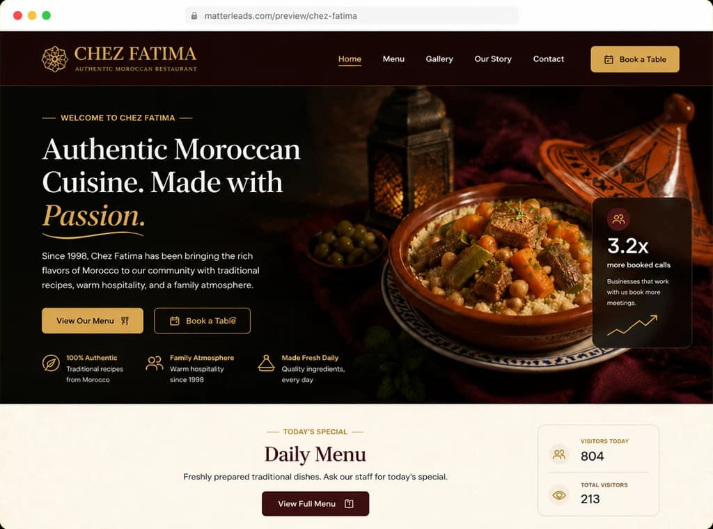 AI-redesigned homepage for Chez Fatima, a Moroccan restaurant
