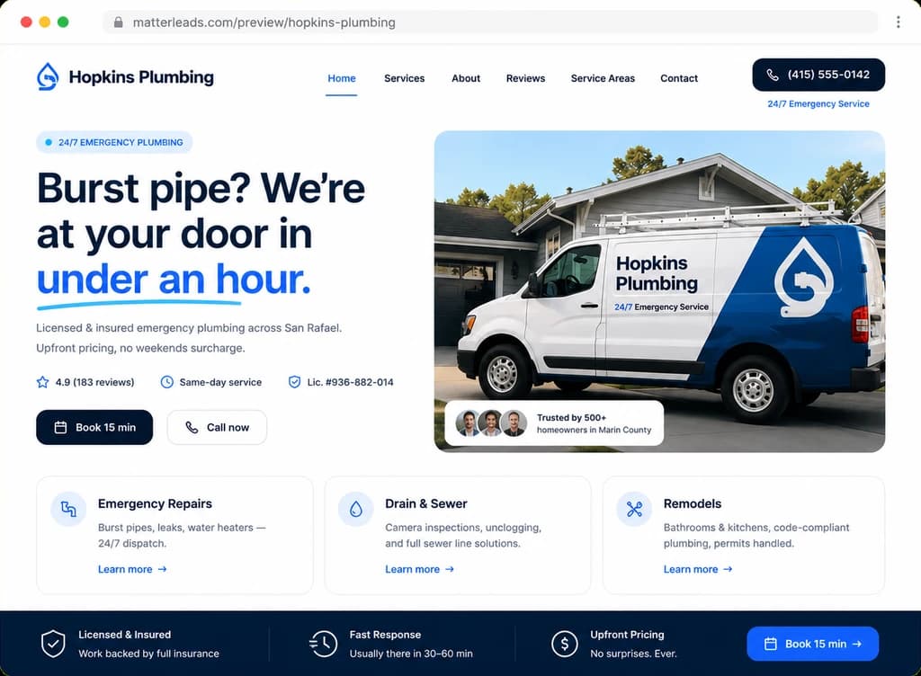 AI-redesigned homepage for Hopkins Plumbing