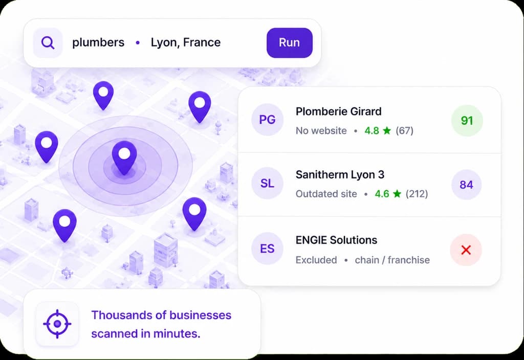 Discovery: searching plumbers in Lyon, with scored lead cards appearing